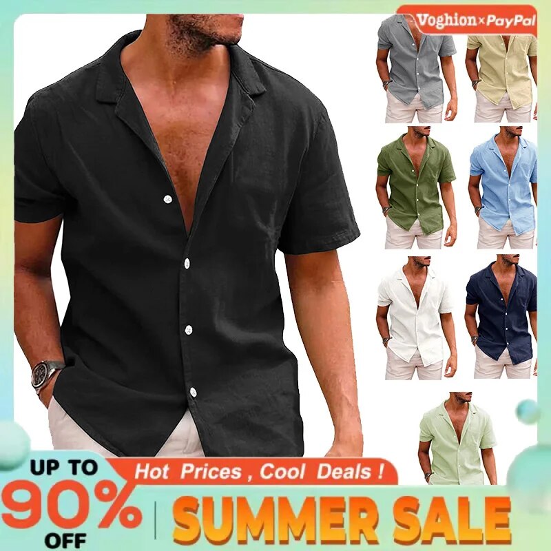Camicia da uomo in cotone e lino con bottoni a maniche corte in tinta unita con risvolto estivo_voghion.com