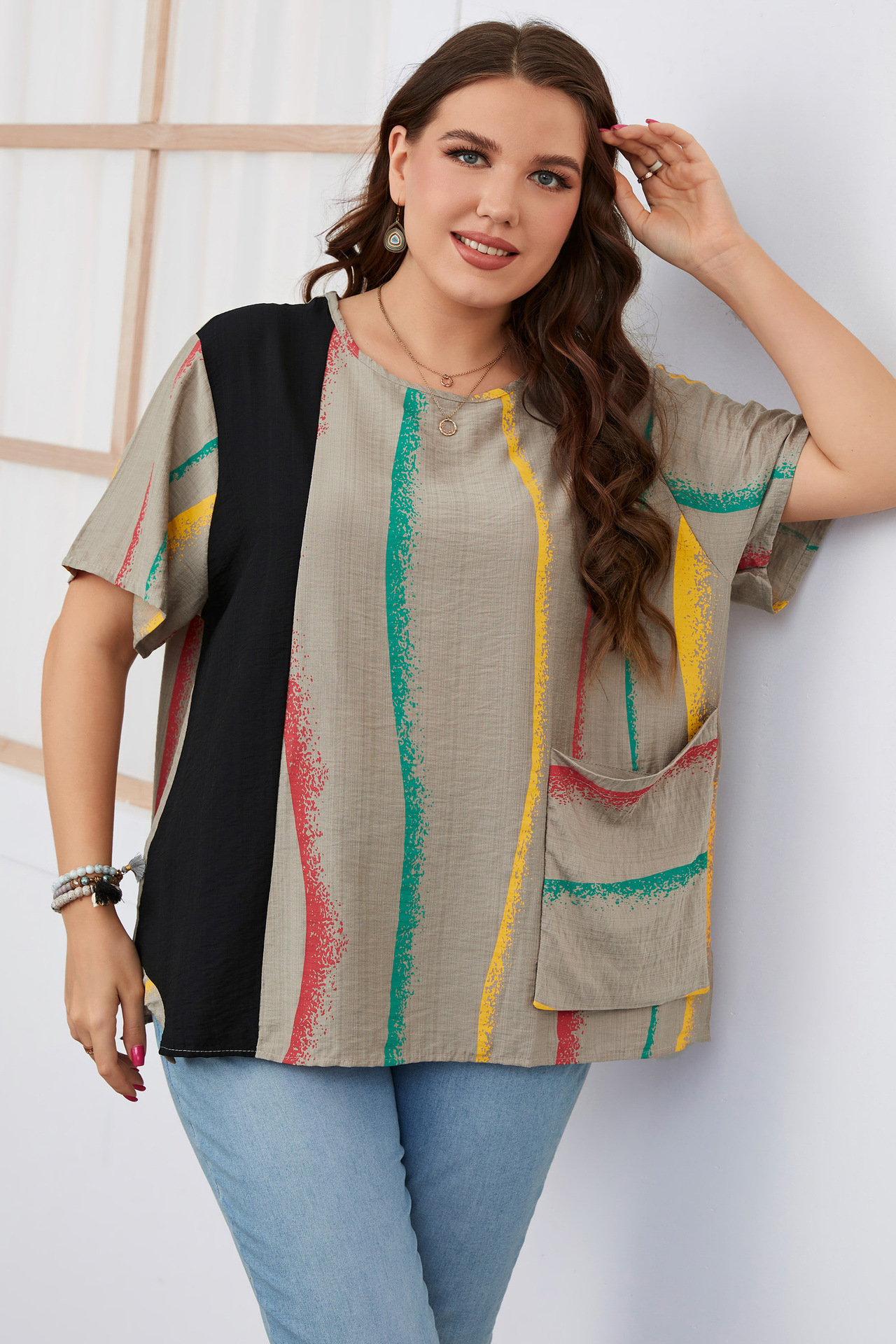 Women's striped contrast color large size women's shirt slim round neck women's clothing_voghion.com