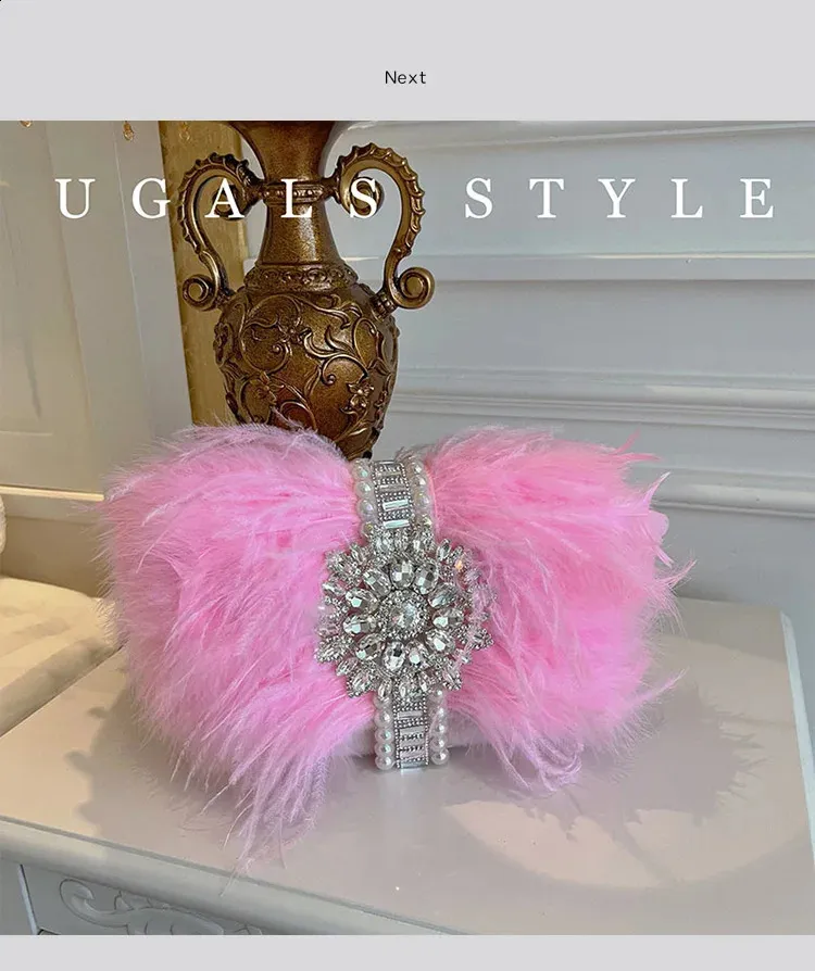 Ostrich Feather Evening Bag With Pearl Details For Women Party_voghion.com