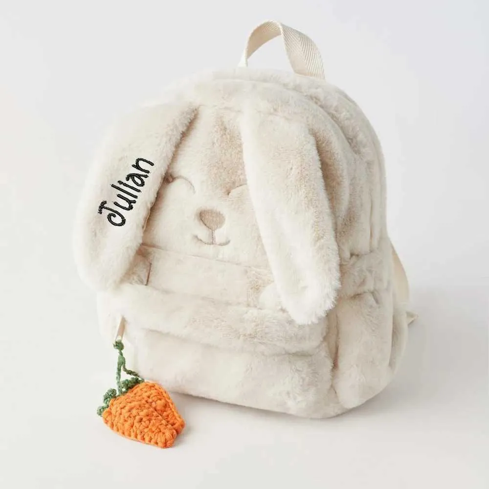 Personalisierte benutzerdefinierte Beige Plüsch Karotte hängen Ohr Kaninchen Womens Rucksack bestickt Kinder süße Geschenk Tasche mit_voghion.com