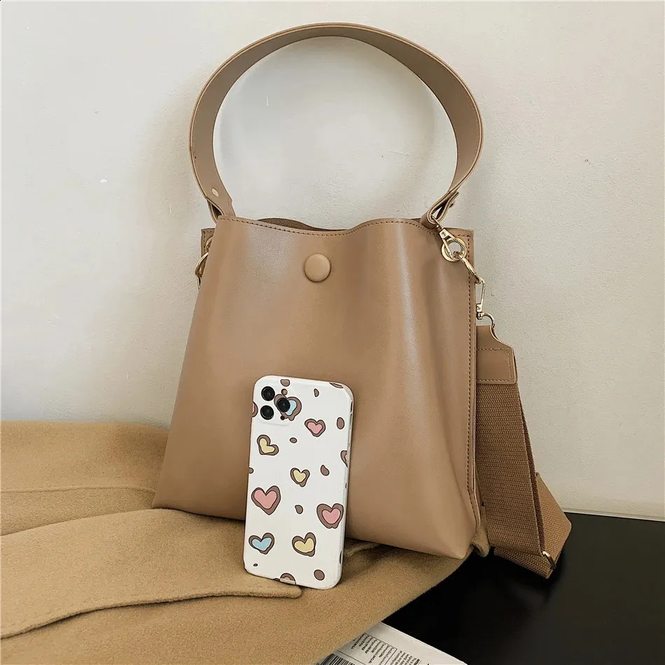 Elegante Damen Bucket Bag Aus Leder Mit Breitem Schultergurt_voghion.com