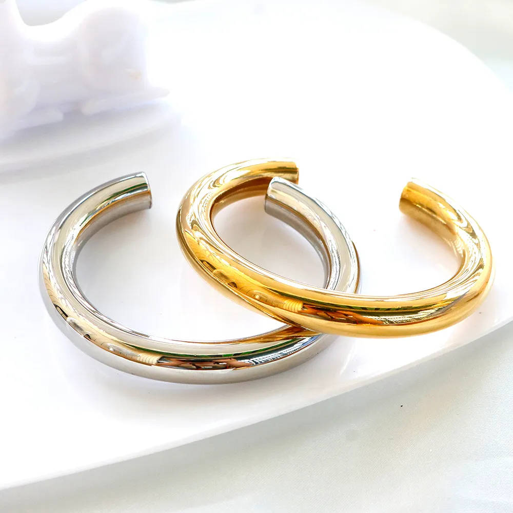 Braccialetto a tubo spesso per donna Bracciale a polsino in acciaio inossidabile Hiphop Cavo placcato oro Moda all'ingrosso Gioielli Pulseras_voghion.com
