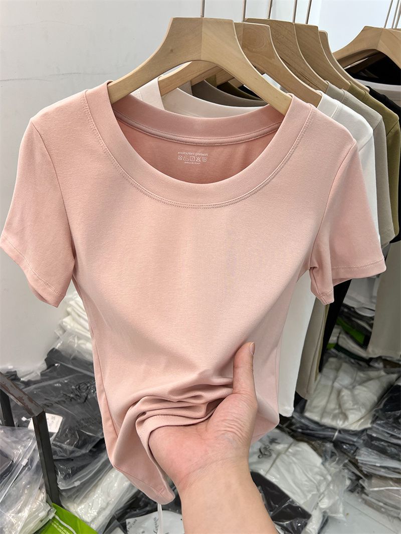 Vêtements pour femmes couleur unie col rond T-shirt à manches courtes femmes été coupe ajustée haut à manches courtes