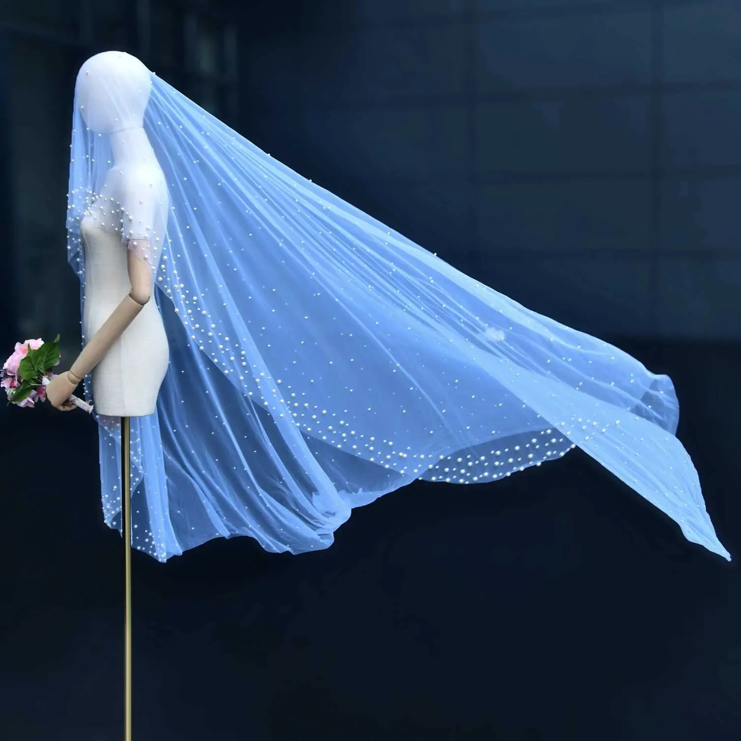 Hair Jewelry V66 Pearls Beaded Bridal Church 3M Long Cathedral Veils No Comb Nail Pretty Wedding Accessories 1 Tier Soft_voghion.com