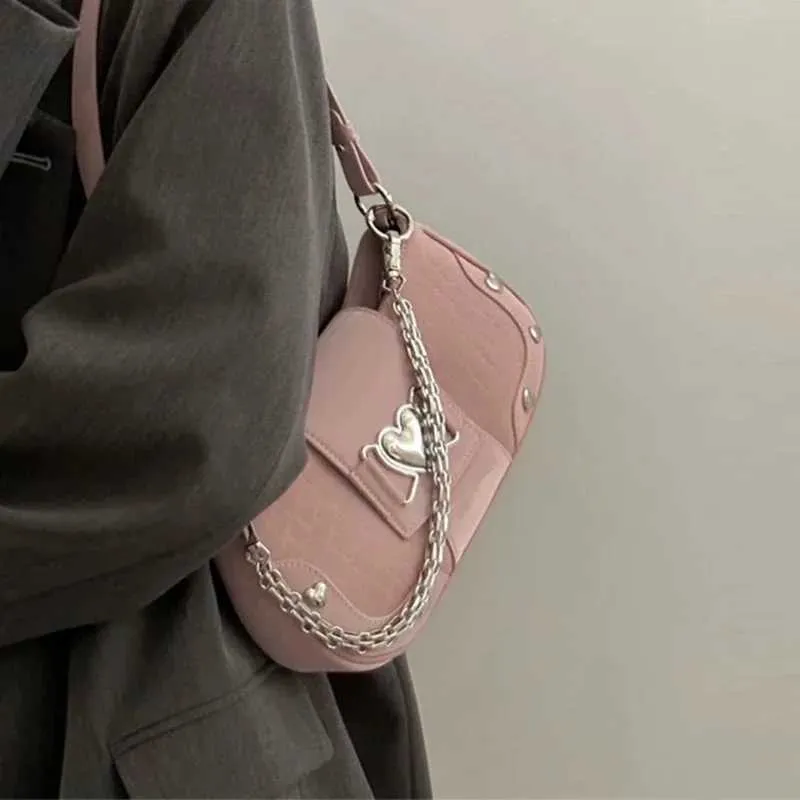 Damentaschen Einzelne Schulter Metallkette Herzdekoration Y2K Stil Unterarmtasche Loveess Lady Fashion HandtaschenC241116_voghion.com