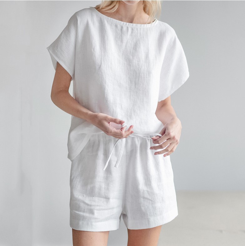 Women's spring short-sleeved urban cotton and linen brown retro fashion casual solid color tops and shorts set_voghion.com