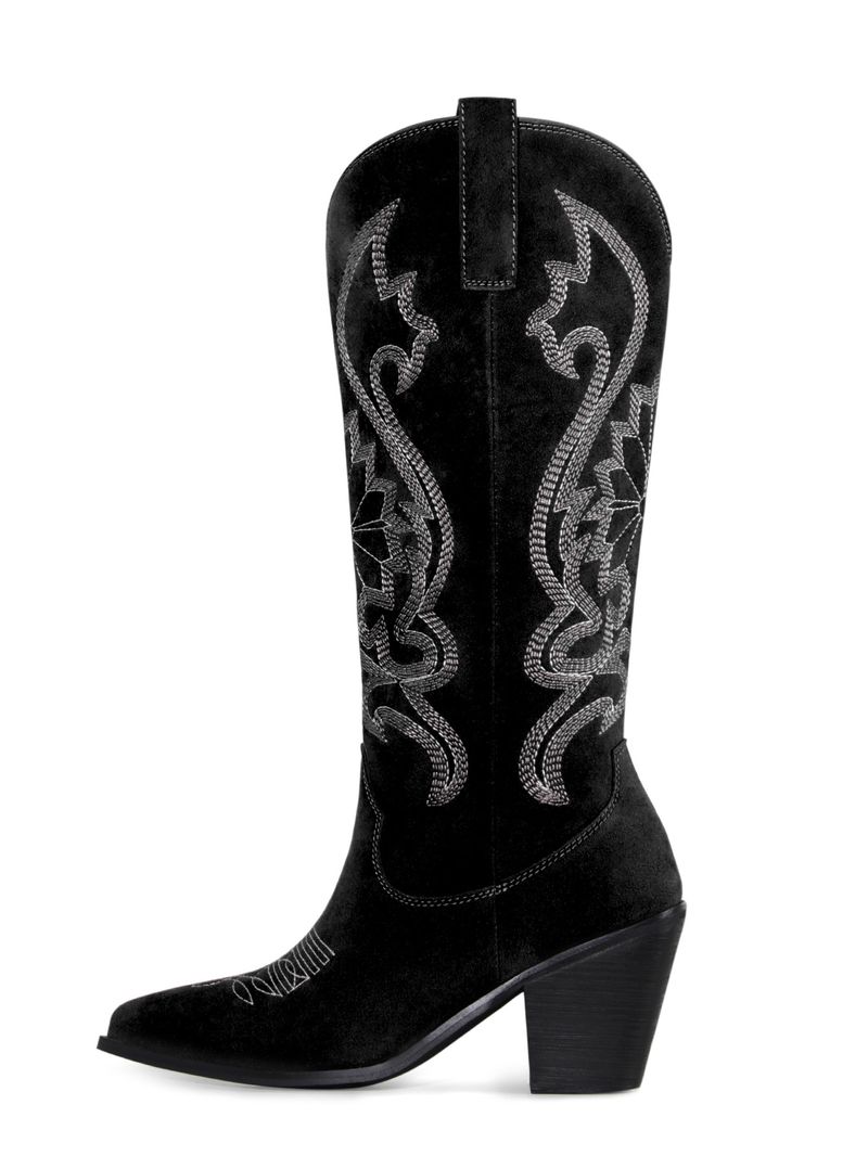 Spitzer Westernstiefel aus Wildleder-Denim mit Stickereien und klobigem, mittelhohem Absatz_voghion.com