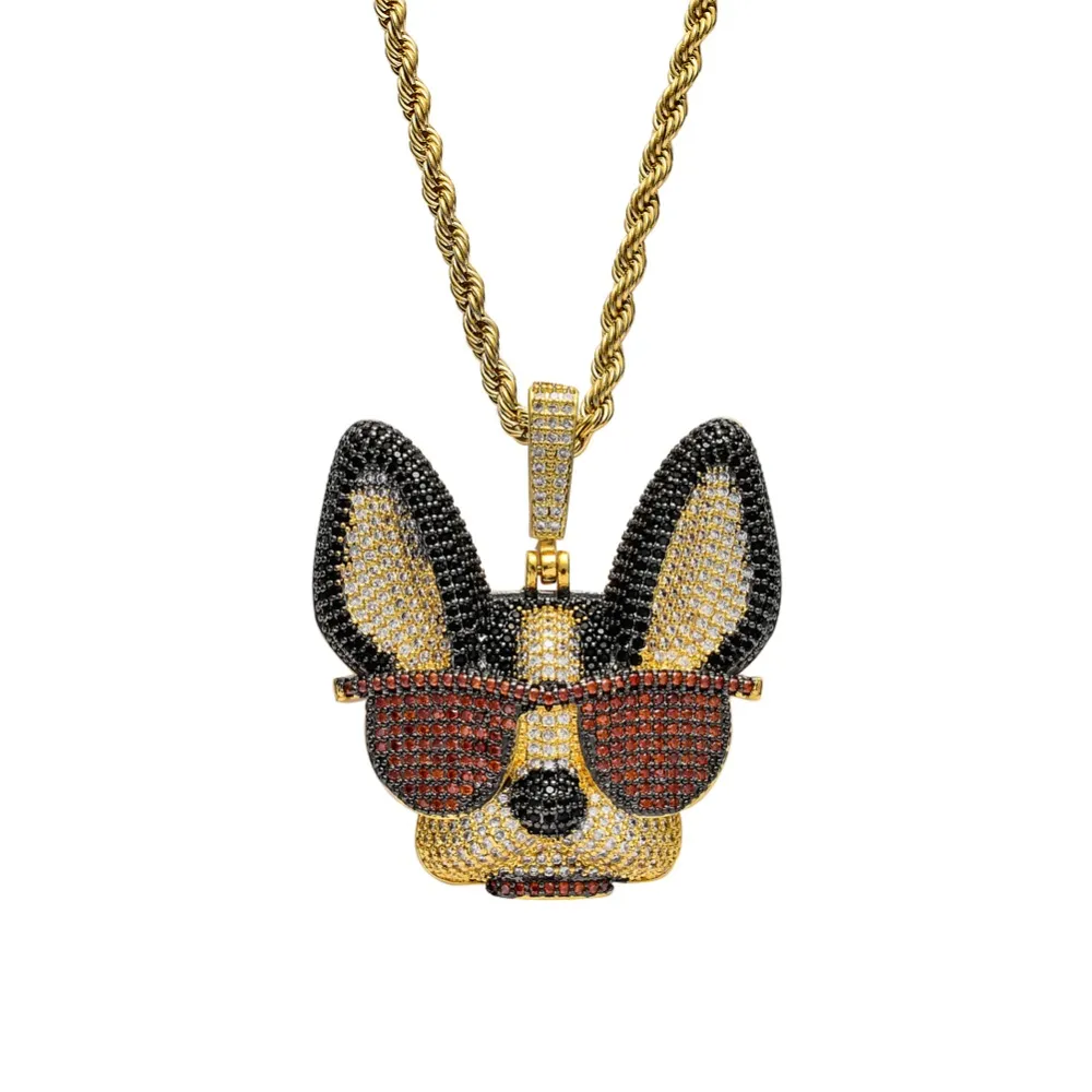 Colgante de latón con circonita cúbica grande y diseño de perro ingenioso con gafas, collar de estilo hip hop helado para hombres y mujeres, joyería de fiesta, regalo CN1371_voghion.com