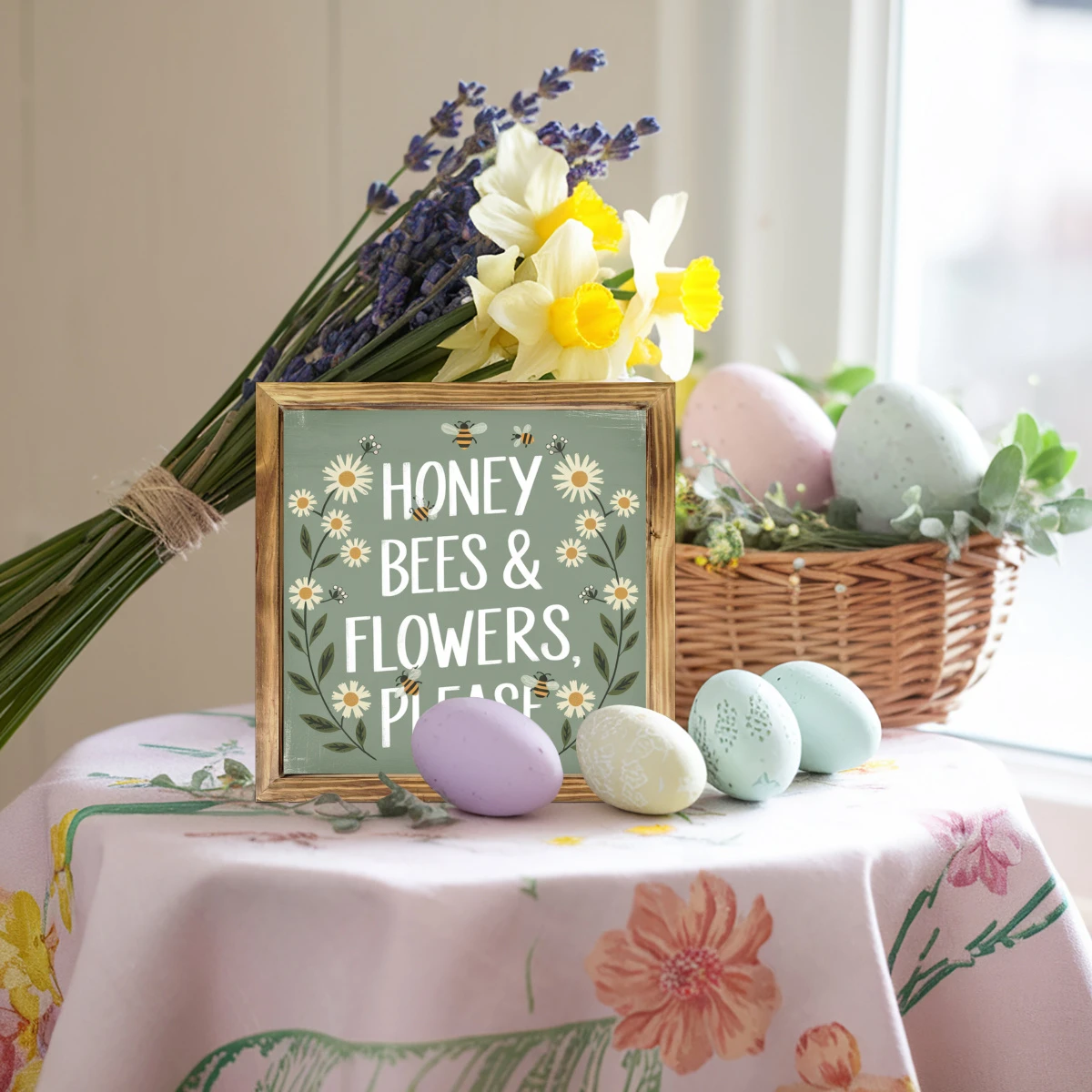 "8x8" 'Honey Bees & Flowers, Please' Wood Sign - Rustic Farmhouse Wall Art For Living Room, Entryway | Playful Easter Gift_voghion.com