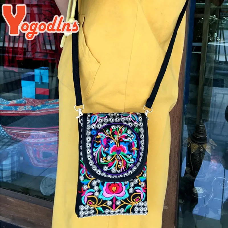 Pochette de voyage à bandoulière pour femme, sac à bandoulière vintage à fleurs avec fermeture éclair et broderie pour téléphone portable, petit sac à main_voghion.com