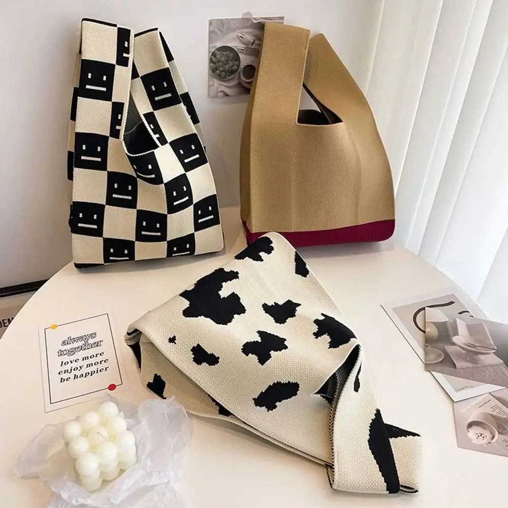 Leisure colored plain weave hand knitted tote reusable shopping bag Y241106_voghion.com