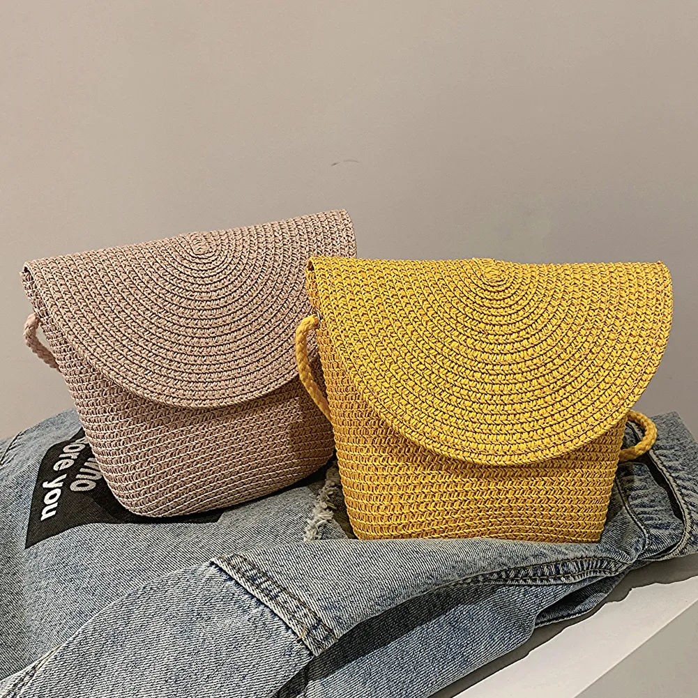 Borsa a tracolla estiva da donna, in tessuto alla moda, casual, semplice, portatile, elegante, fatta a mano, in tinta unita, per il fine settimana._voghion.com