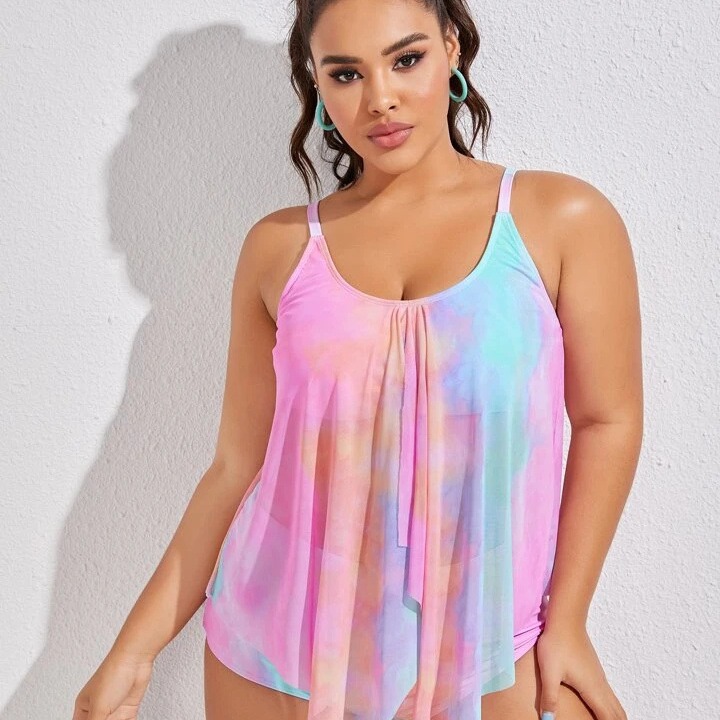 Großer Damen-Bikini-Badeanzug mit Batikmuster und Netzstoff, mit verstellbaren Trägern, sexy, geteilt_voghion.com