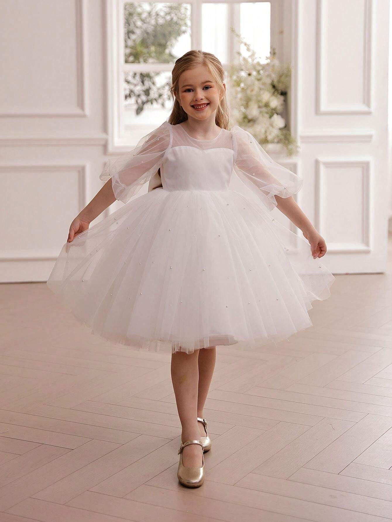 Robe de fête pour enfant, robe de princesse à nœud et fleurs, idéale pour un mariage, une fête, un anniversaire, Noël, un bal de fin d'année ou toute autre occasion importante._voghion.com