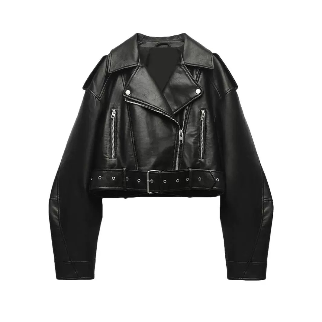Women’s Clothing Street Fashion Washed Leather Jacket Motorcycle Style PU Zipper Jacket