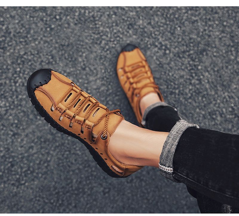 Sommer nye herresandaler, udendørs strand håndlavede hule åndbare fritidssko med hul, snørebånd indpakkede lædersko_voghion.com