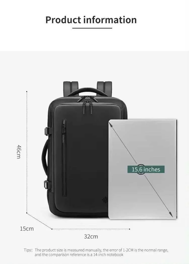 Zaino da viaggio con airbag espandibile per uomo, 16 pollici, impermeabile, per laptop, con compressione sottovuoto_voghion.com