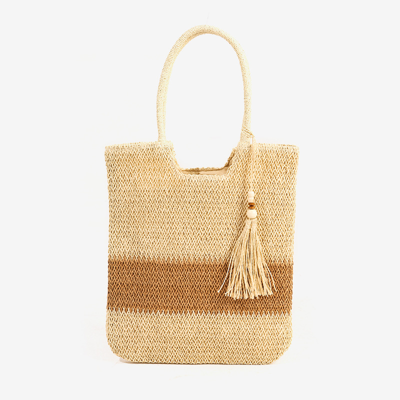 Borsa da donna versatile, casual, con tracolla singola, in paglia, con perline di legno e nappa, nuova, in tessuto a blocchi di colore, per le vacanze in spiaggia_voghion.com