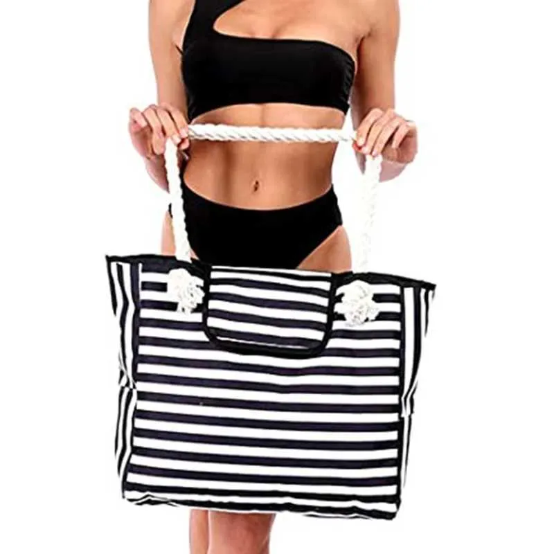 Handbag black and white stripes large capacity beach bag handbag with ten font fashion print womens canvas shoulder_voghion.com