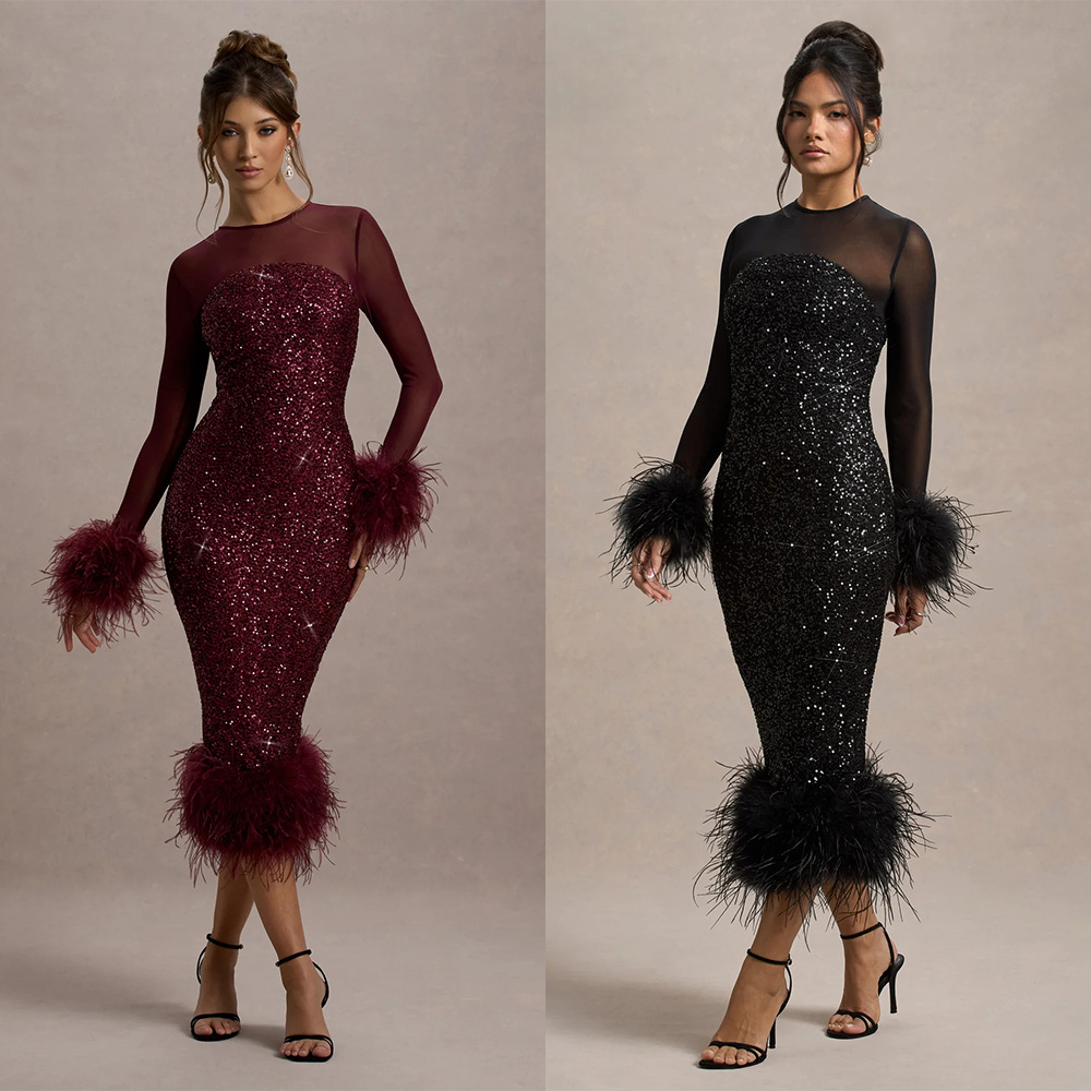 Vêtements pour femmes Robe de soirée Robe à manches longues Paillettes Mode Collants Femmes