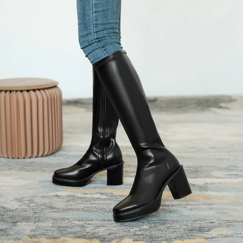 Knee Boots Heel Women's Square Below 2024 Winter Solid Color Fashion Warm Women Shoes Comfortable With Side Z 55_voghion.com