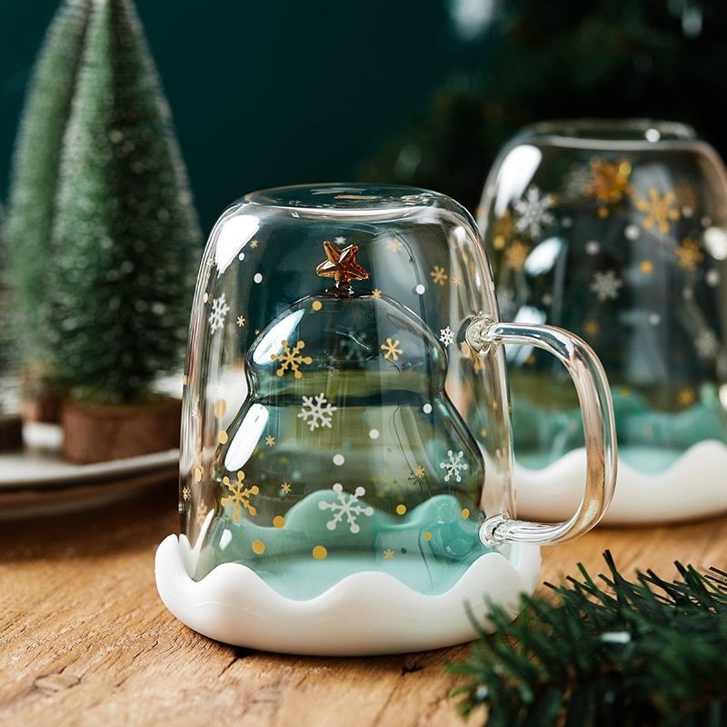 Tazza in vetro con albero di Natale creativo, 300 ml, resistente al calore, a doppia parete, in vetro, con coperchio, regalo di Natale carino per ragazze_voghion.com