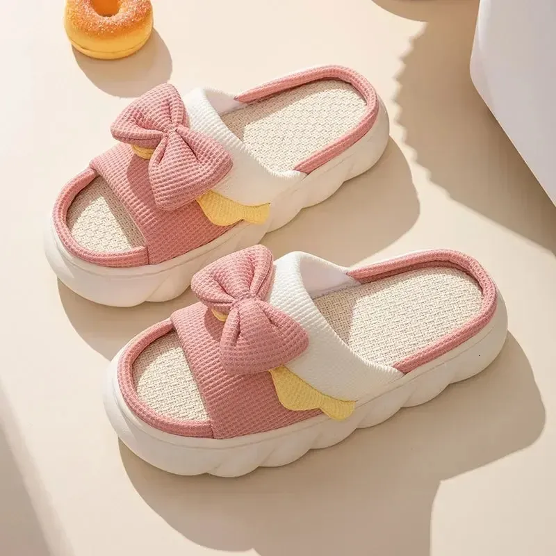 Pantufas femininas antiderrapantes para ambientes internos, chinelos confortáveis de algodão, chinelos baixos com laço fofos, chinelos para casais, primavera-verão_voghion.com