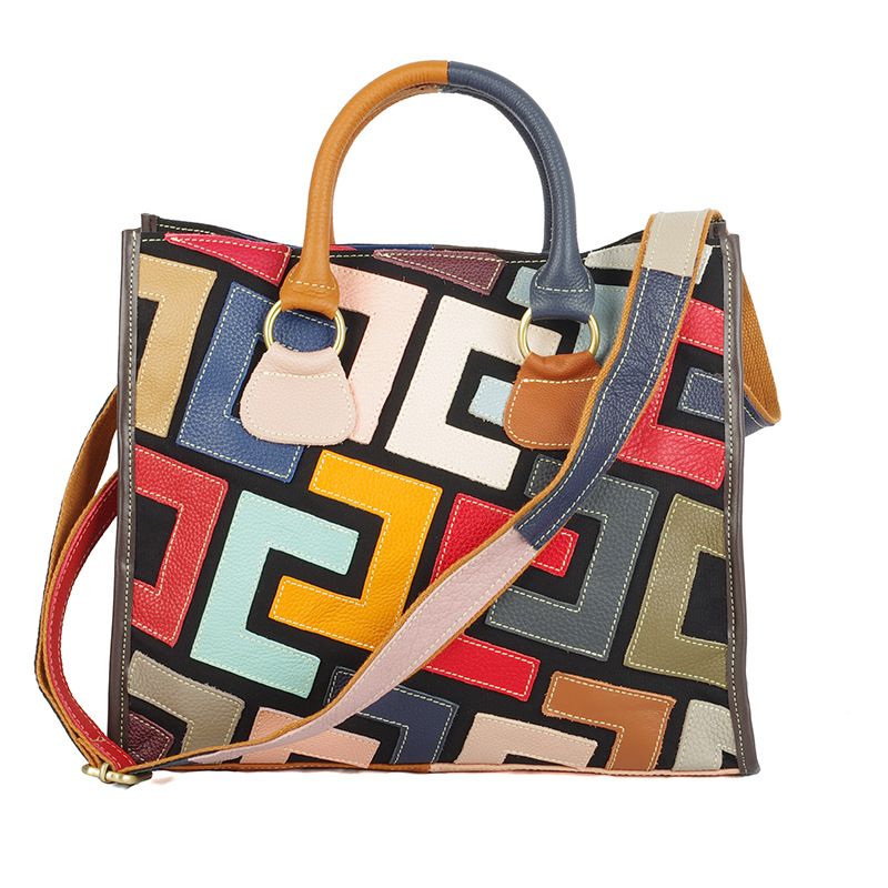 Modere Lederhadtasche mit farbefrohem, kotrastieredem geometrischem Muster, Crossbody-Hadtasche aus Leder für_voghion.com