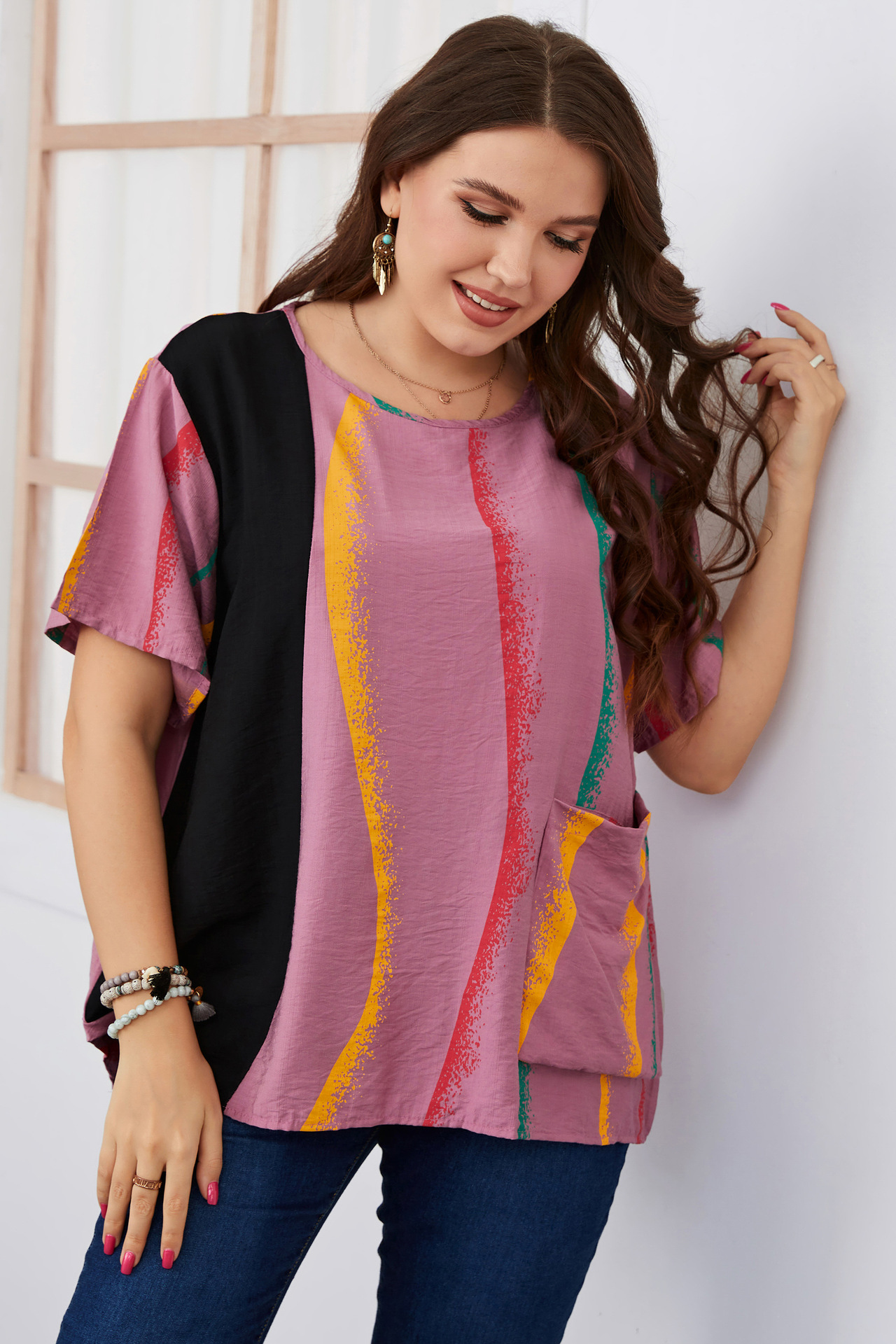 Women's striped contrast color large size women's shirt slim round neck women's clothing_voghion.com