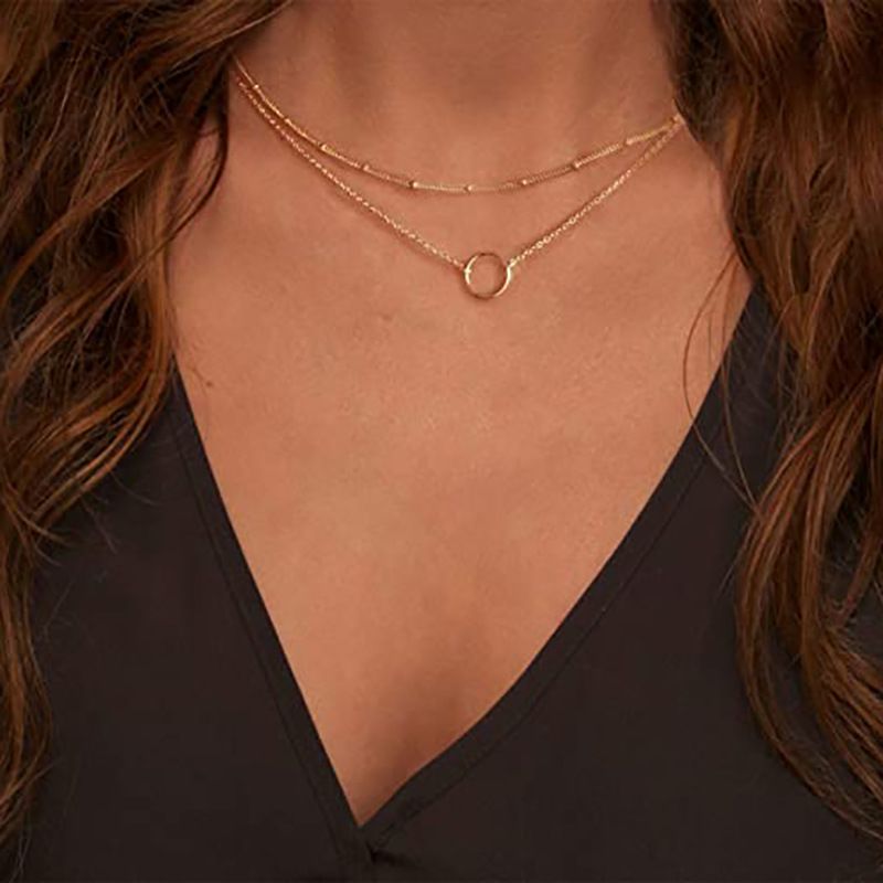 Collier pendentif en forme de cercle avec chaîne de perles en cuivre à double couche et anneau simple rétro pour clavicule_voghion.com