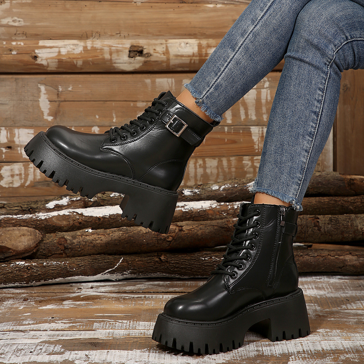 New belt buckle decorative lace-up side zipper platform plus-size women’s boots low leg fashion boots