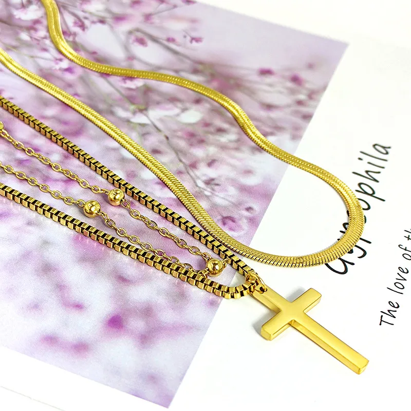 Catene G&D Alta qualità in acciaio al titanio placcato oro colore croce minimalista multifilo collana per le donne gioielli festa_voghion.com