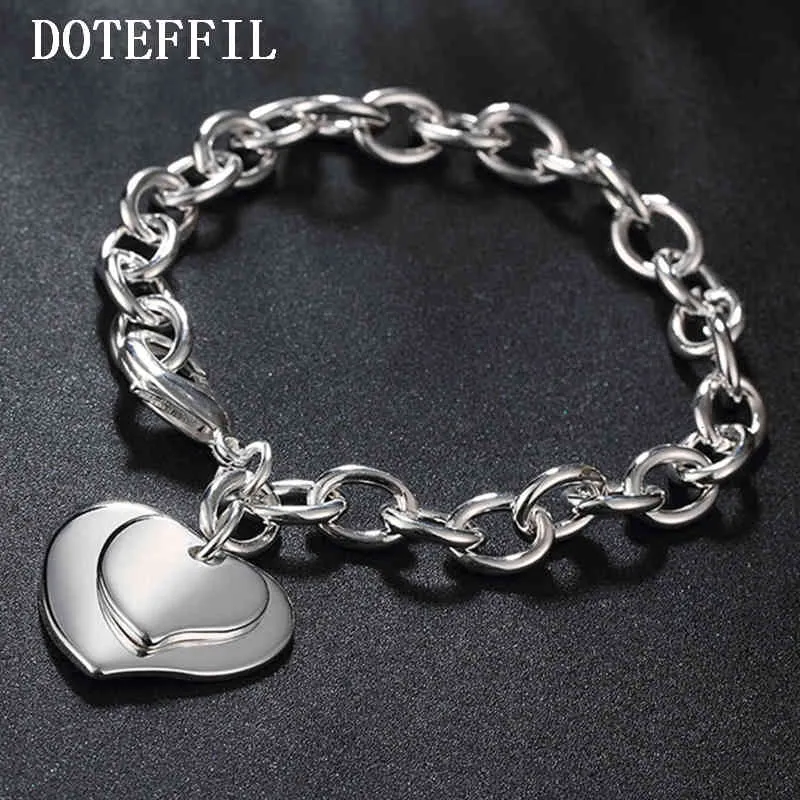 Doteffil Sterling Sier Çift Kalp Kolye Bilezik Kadın Charm Düğün Nişan Moda Parti Takı_voghion.com