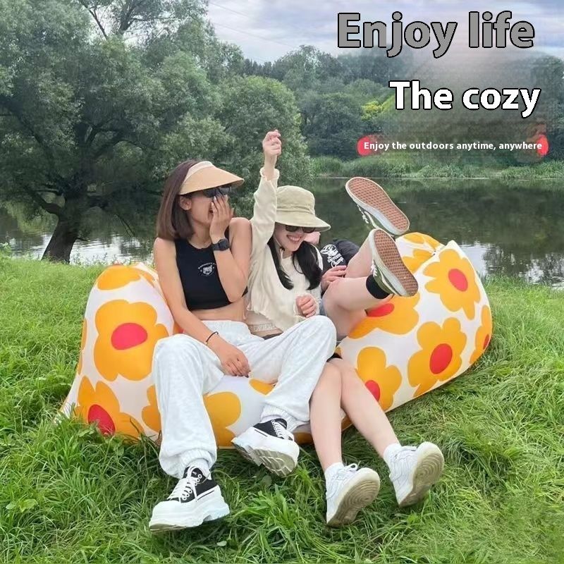 Outdoor lazy iatable yellow and white sofa folding portable picnic camping solid color air mattress outdoor furniture_voghion.com