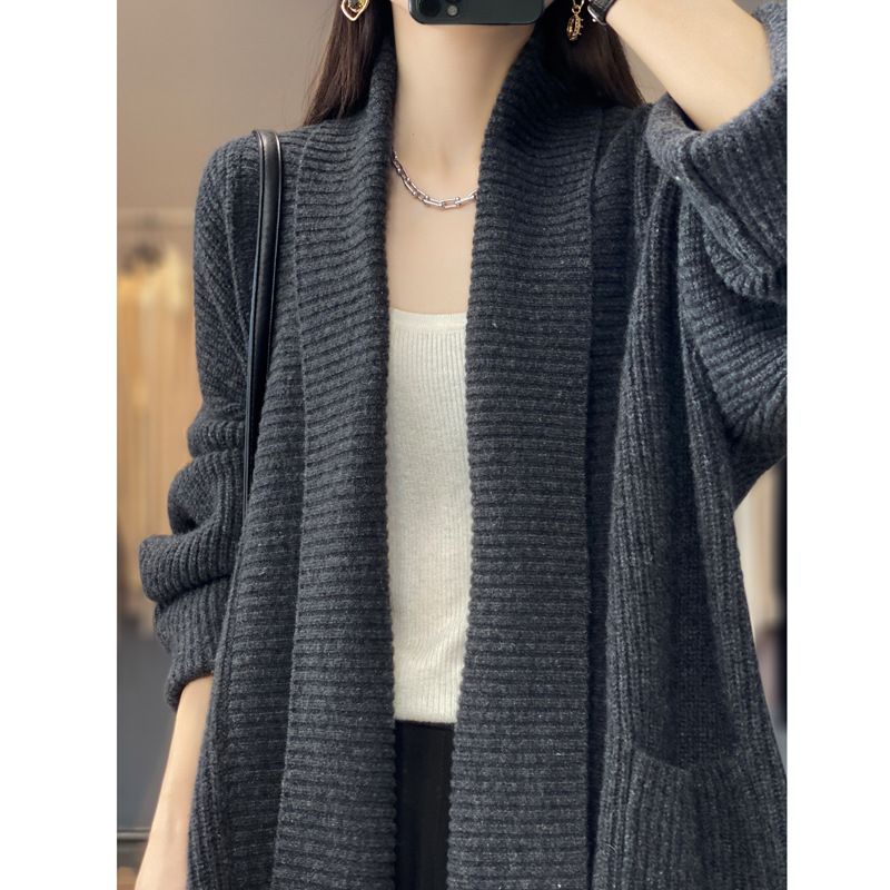 Women's Clothing 2023 mid length lazy style knitted cardigan women's loose design lapel thickened solid color sweater_voghion.com