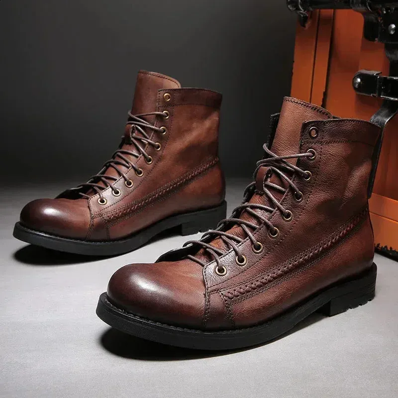 Platform Motorcycle Booties Casual High-top Shoes Retro Men Leather Solid Color Lace Up Ankle Boots Autumn Winter 240830_ecoleips.com