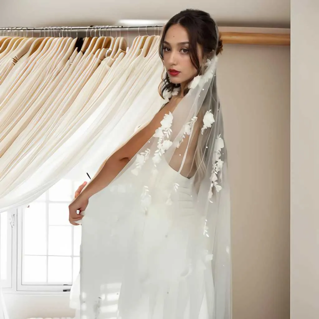 Hair Jewelry Elegance 3D Flowers Bridal Veil 1 Meters Short Veu Wedding Dresses Accessories With Organza Flower Voile_voghion.com
