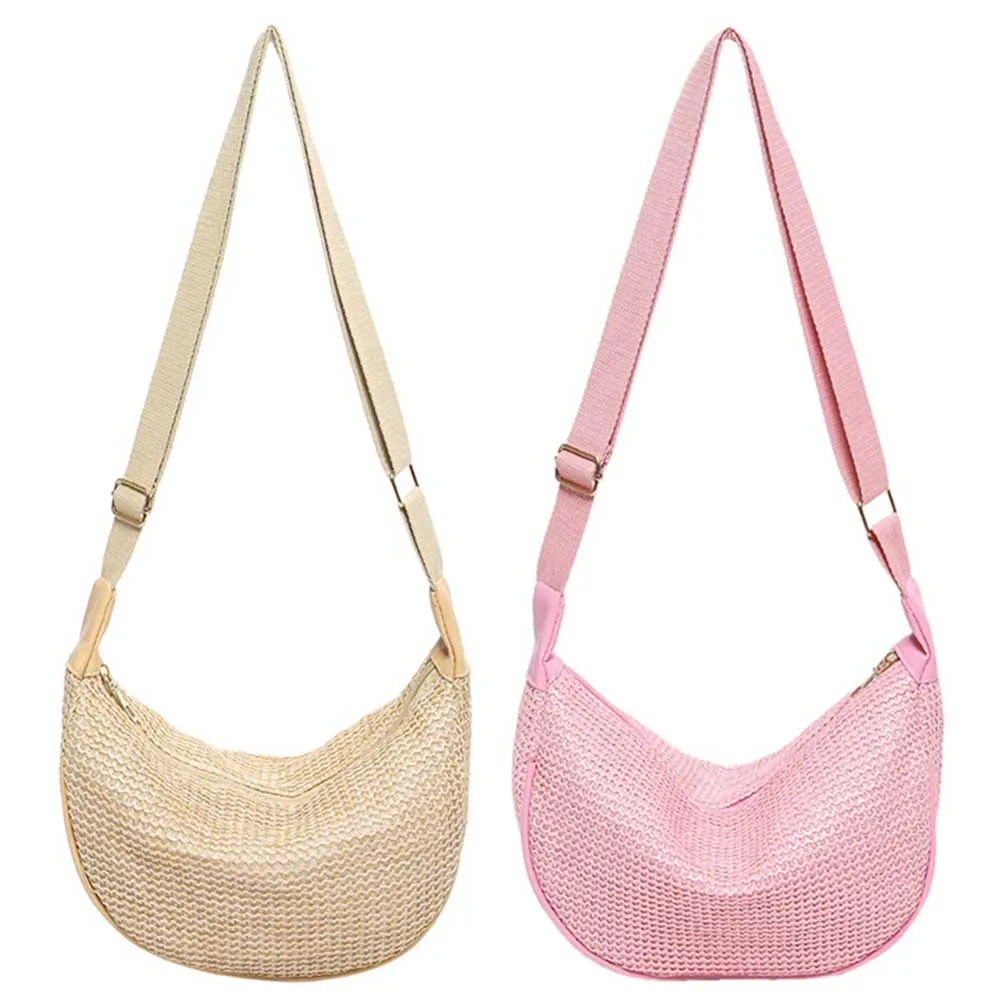 Borsa a tracolla a mezzaluna con tracolla regolabile, in paglia intrecciata, grande capacità, casual, per feste e vacanze, da donna_voghion.com