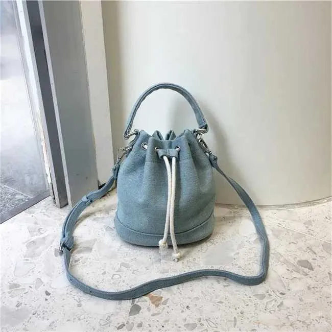 Women Fashion Denim Bucket Solid String Handbags Casual Mini Crossbody Bags Female All-matched Messenger PackC241212_voghion.com