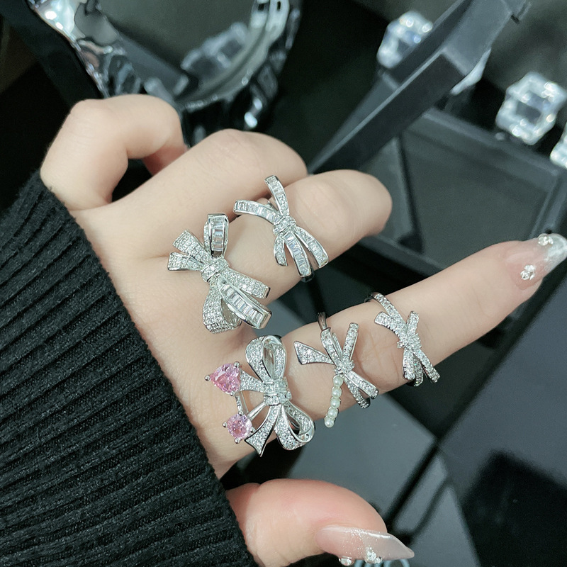 High end Light Luxury Full Diamond Zircon Bow Sweet Cool Open Female Instagram Cold Elegant Elegance Small and Popular_voghion.com