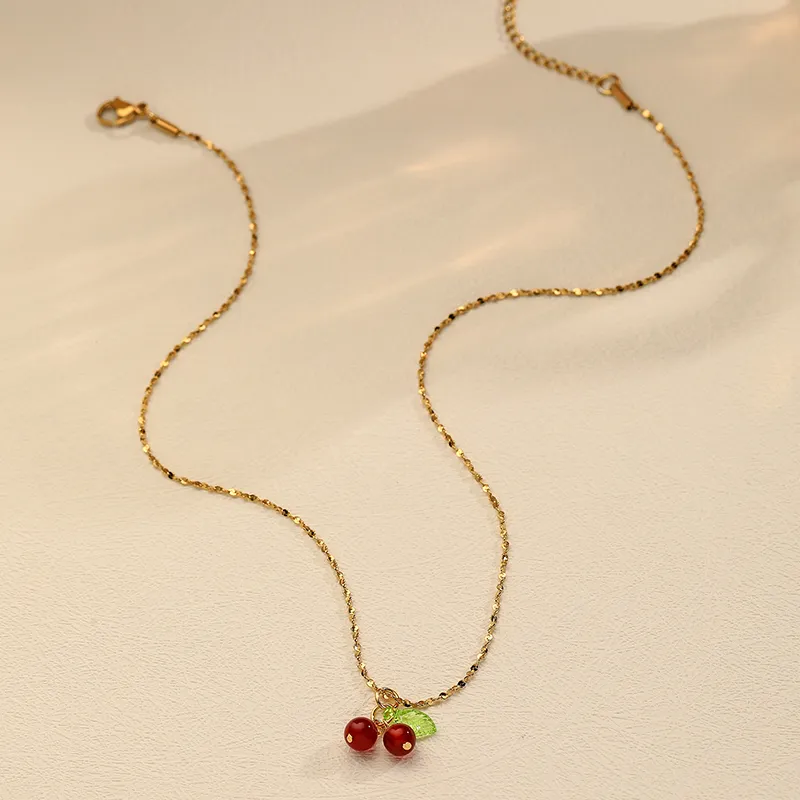 Pendant Necklaces Shoemaking Lovely Cherry Fruit Necklace Stainless Steel Fashion Student Jewelry For Girls Ladies Gift_voghion.com