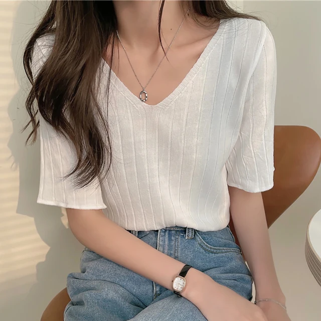 vendita calda HELIAR T-shirt in seta ghiacciata a righe, maglia a maniche corte, scollo a V, camicetta casual ampia, sottile, tinta unita, top per donna, primavera_voghion.com