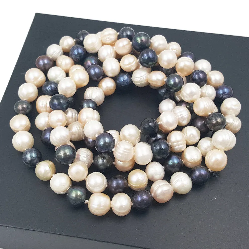 Ketten Handgeknüpfte natürliche barocke 9-10mm Süßwasserperle weiß rosa schwarz lang 106cm Halskette Modeschmuck_voghion.com