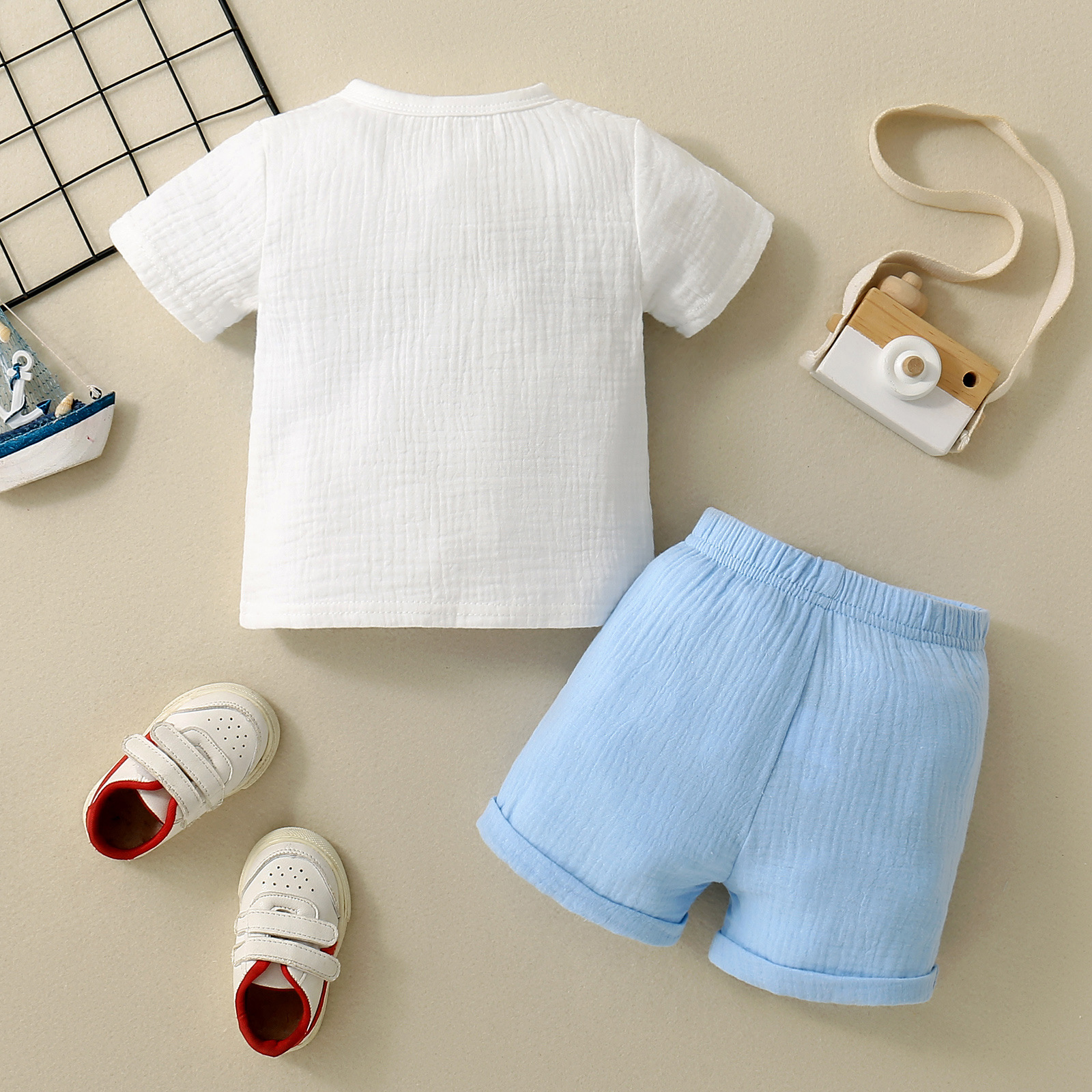 Mère et enfants infantile et enfant en bas âge bloc de couleur poitrine dessus patchwork poche col ouvert T-shirt + couleur unie cordon ensemble short et haut_voghion.com