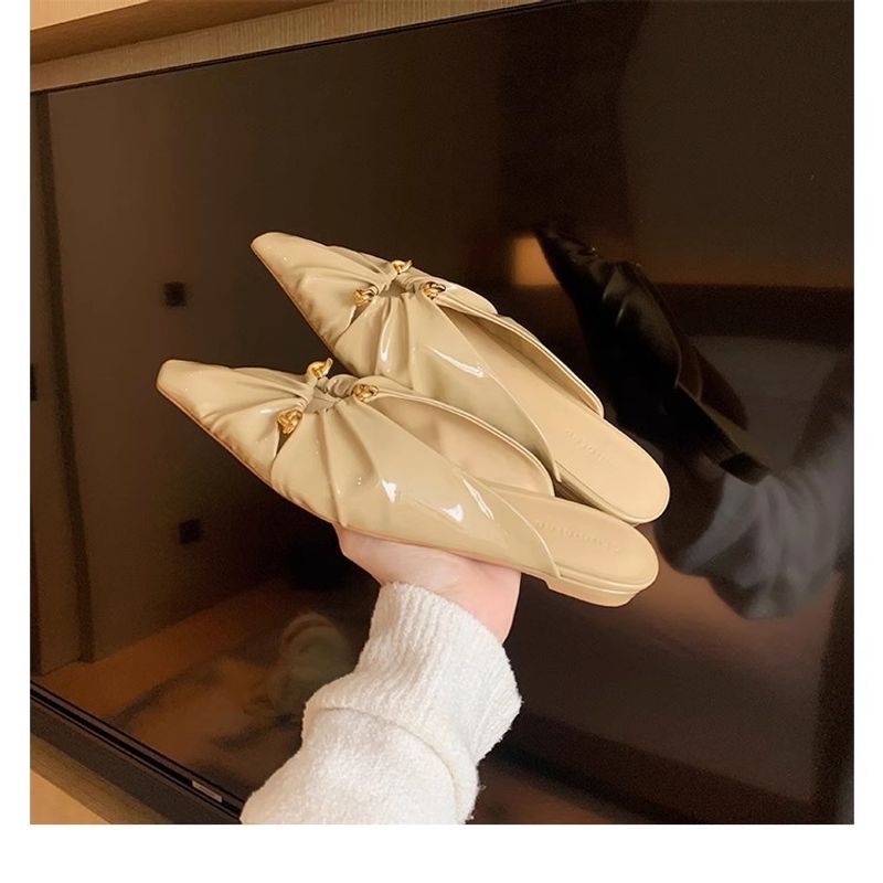 Grape Mom's Same Style Spring New Triangle Buckle Hollow Pointed Pleated Baotou Muller Half Slippers Women's Genuine_voghion.com