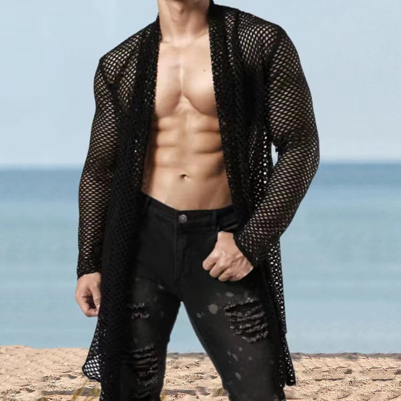 Herren-Übergröße, Schalkragen, Cut-Out, lange Strickjacke, Netzstoff, durchsichtig, Langarmshirt_voghion.com
