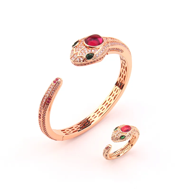 Snake Head Open Bangle Bracelet And Ring Set For Women Gold Tone_voghion.com