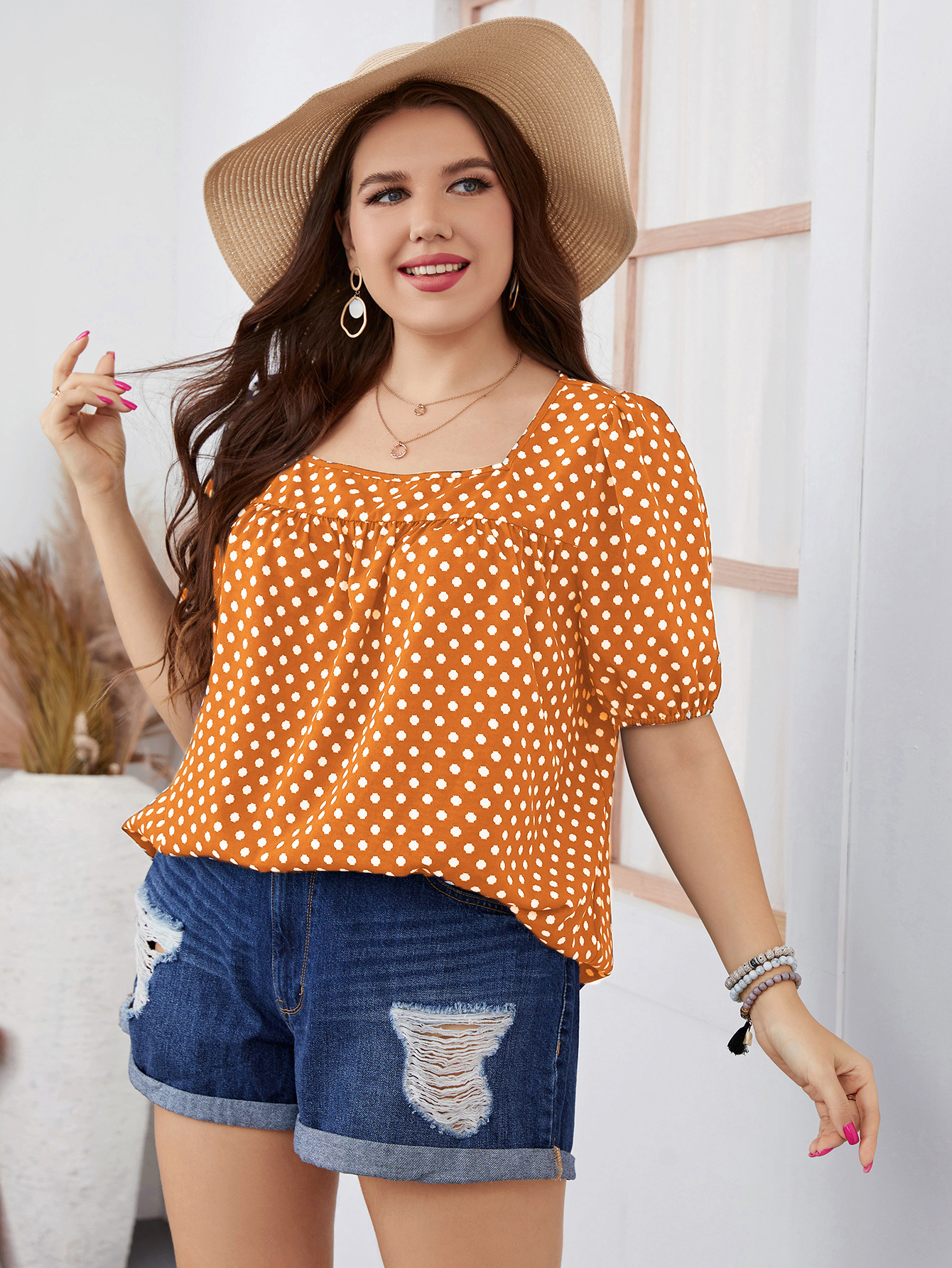 Women's chiffon short woven round neck plaid temperament commuting pullover polka dot large size women's shirt_voghion.com