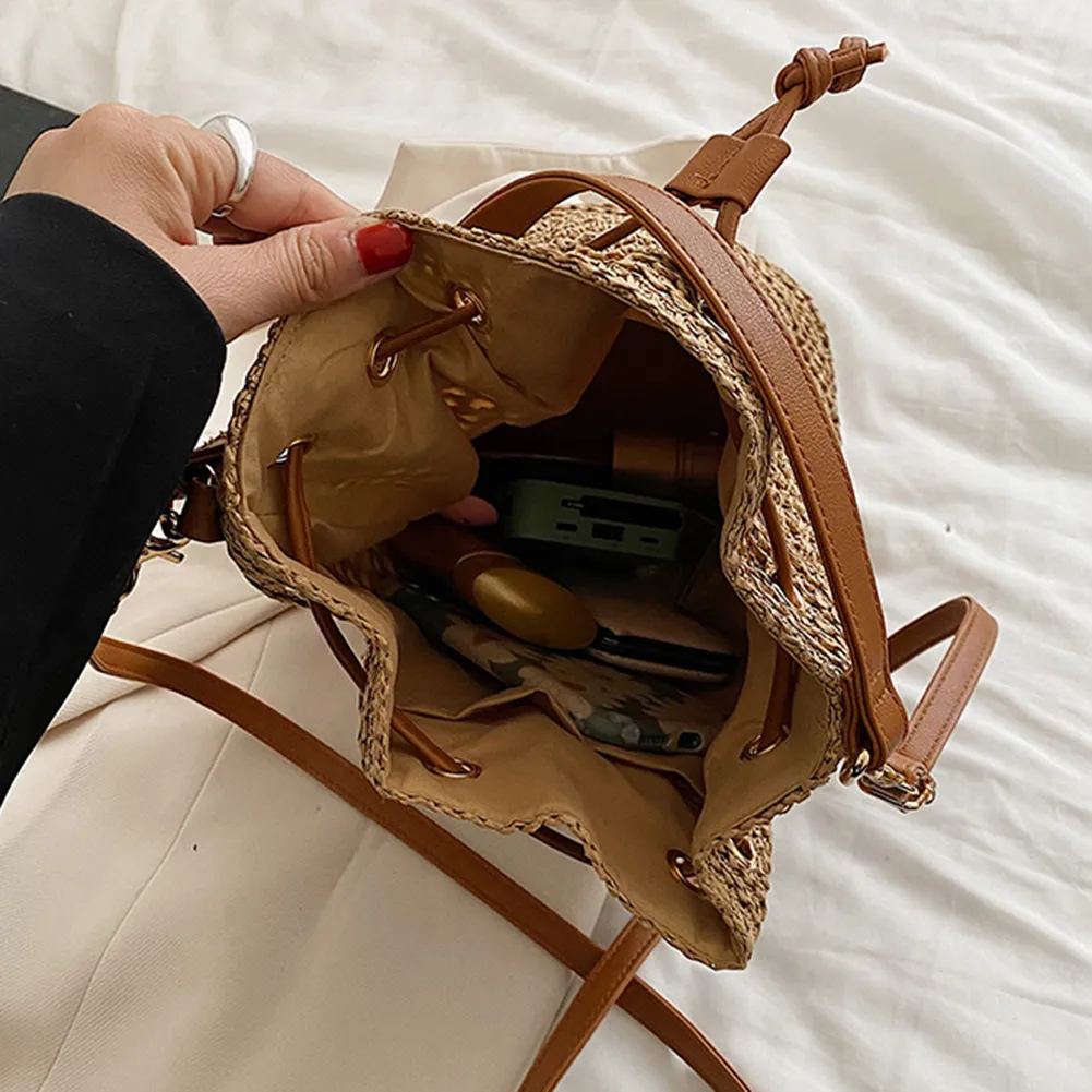 Summer Women Handbags Drawstring Straw Beach Crossbody Bags Adjustable Strap Fashion Casual Simple Elegant For Weekend_voghion.com