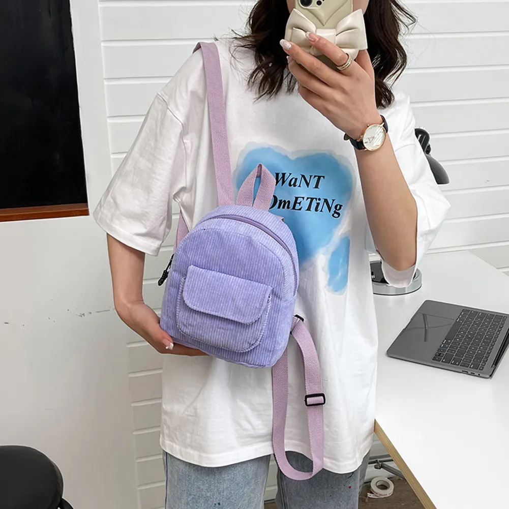 Fashion Women Mini Backpack Corduroy Solid Small Backpacks Simple Retro Casual Student Girls Bookbags Travel Pack_voghion.com